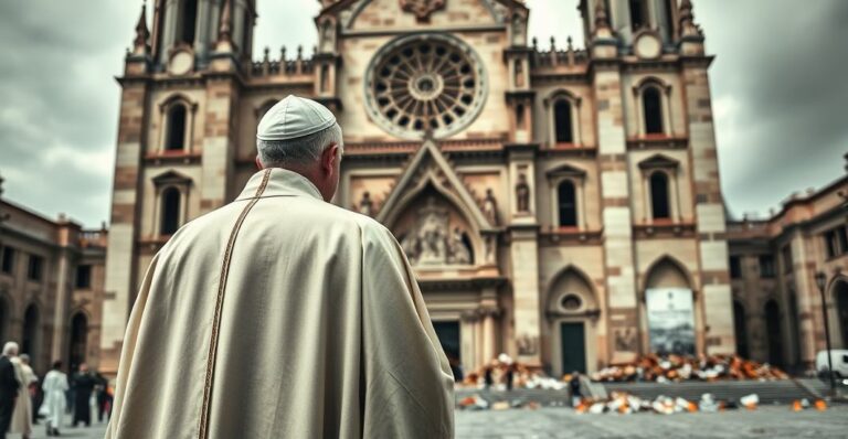 Kardynał katolicki w sutannie przed zniszczoną świątynią, symbolizujący krytykę prześladowań religijnych w Mjanmie