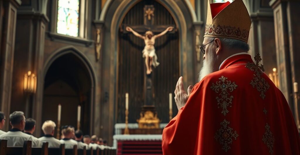 Kardynał w tradycyjnych szatach modlący się przed krucyfiksem w kościele, symbolizujący krytykę nowoczesnego Kościoła