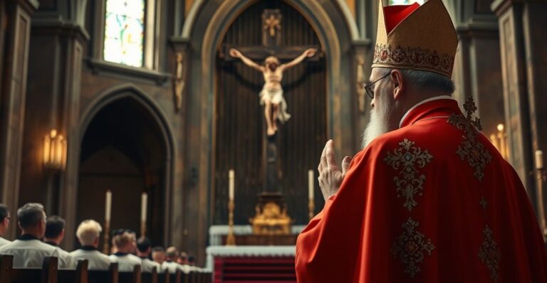 Kardynał w tradycyjnych szatach modlący się przed krucyfiksem w kościele, symbolizujący krytykę nowoczesnego Kościoła