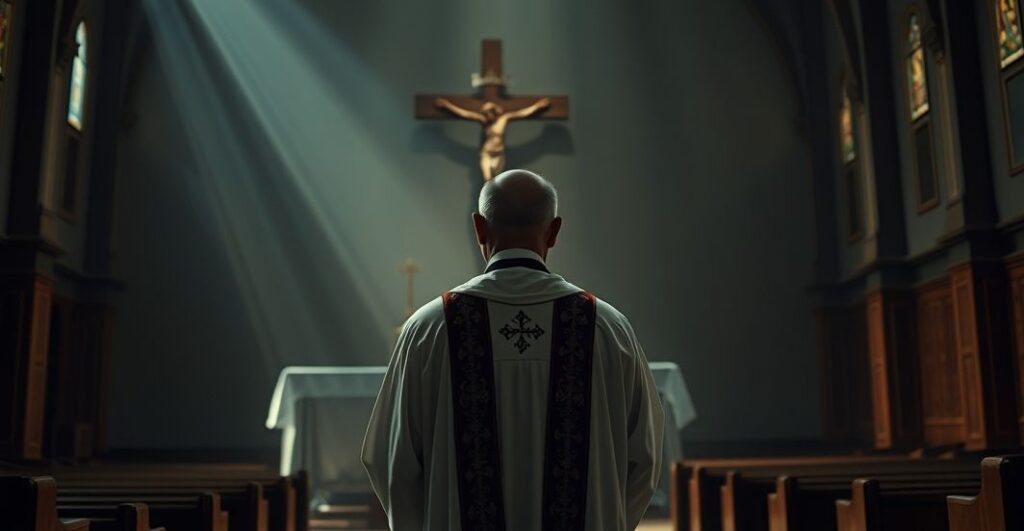 Reverent Catholic priest w modlitewnym geście przed krucyfiksem w ciemnej, poważnej świątyni, symbolizujący troskę o duchowe zbawienie wobec konfliktu w Gazie