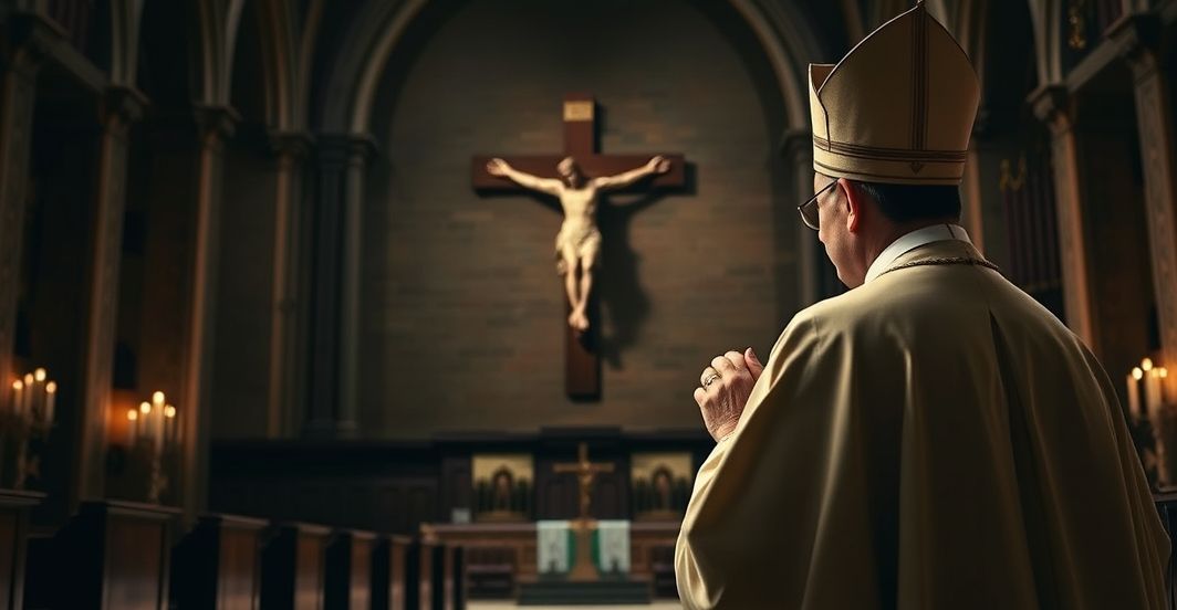 Kardynał w sutannie modlący się przed krucyfiksem w kościele, symbolizujący duchowe wezwanie do powrotu do Chrystusowego panowania