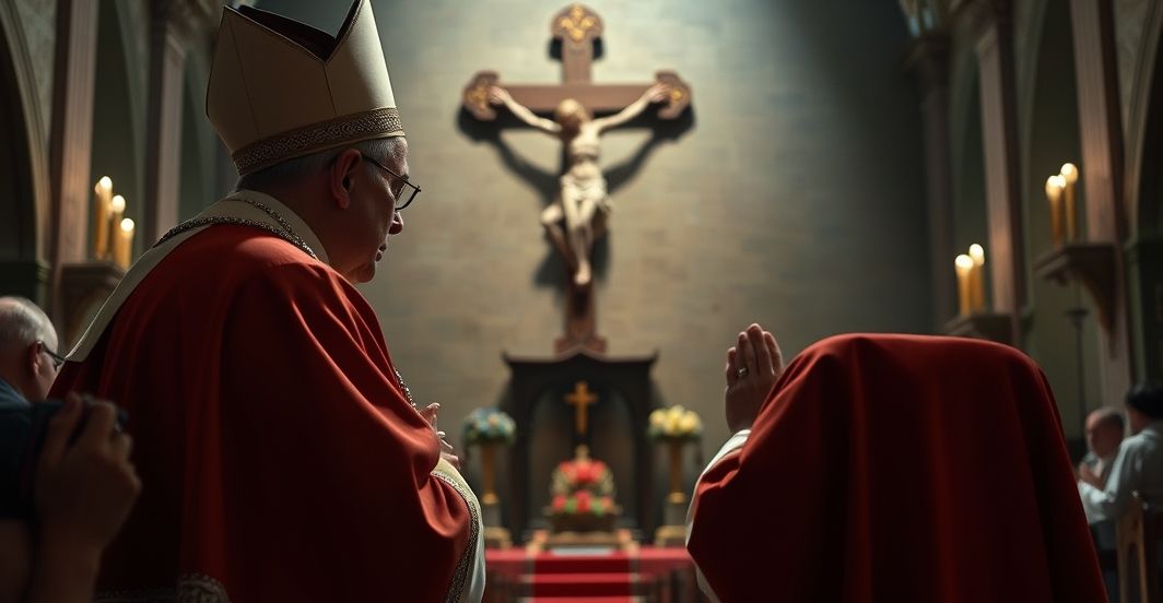 Kardynał modli się w kościele w obliczu zagrożeń dla Królestwa Chrystusa Kardynał modli się przed krucyfiksem w kościele, wyraz głębokiej troski o prawdziwe Królestwo Chrystusa wobec zagrożeń militarnych i politycznych