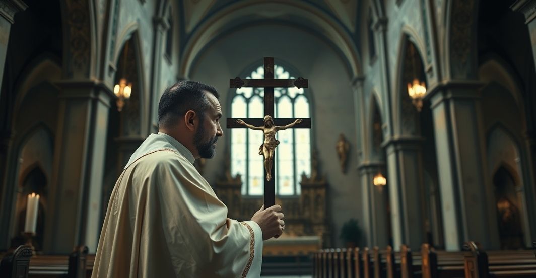 Kardynał modli się w kaplicy o odrodzenie Królestwa Chrystusa Kardynał w kaplicy, modlitwa w obliczu kryzysu moralnego i duchowego wynikającego z odrzucenia Chrystusa, realistyczny i poważny obraz religijny