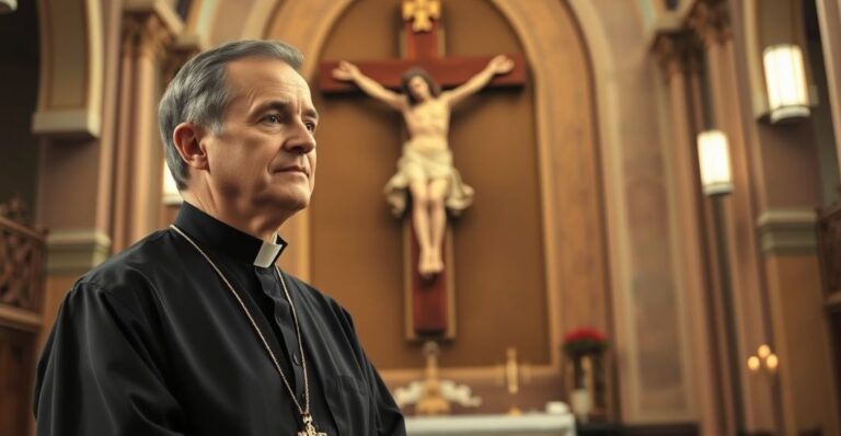 Kardynał w sutannie z krucyfiksem, wyraz powagi i troski o prawdziwą wiarę katolicką w świątyni