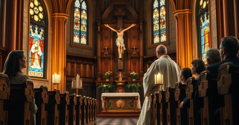 Kardynał w tradycyjnych szatach liturgicznych modli się przed krucyfiksem w kościele, ukazując powagę i wierność katolickiej tradycji