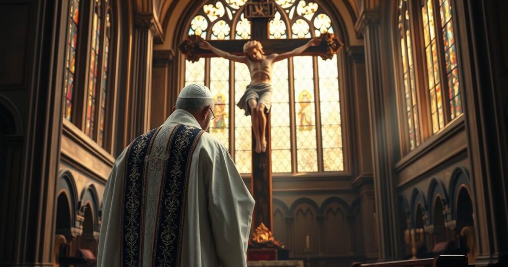 Kardynał w tradycyjnym stroju katolickim przed krzyżem w świątyni, symbolizujący powrót do prawdziwego nauczania Kościoła przeciwko modernistycznym herezjom