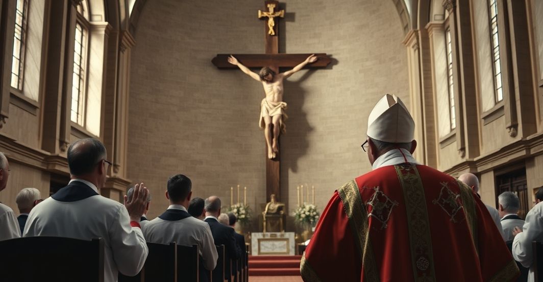 Kardynał w modlitewnym geście przed krzyżem w kościele Kardynał w tradycyjnym stroju katolickim przed krzyżem w świątyni, symbolizujący powrót do prawdziwego nauczania Kościoła przeciwko modernistycznym herezjom