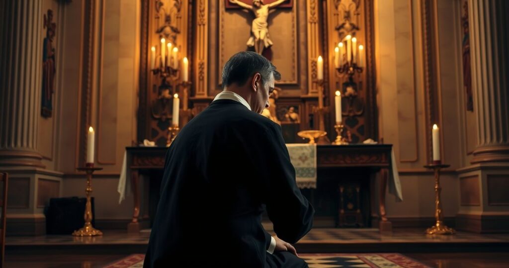 Kardynał w sutannie modlący się przed ołtarzem z krucyfiksem, symbolizujący wierne nauczanie katolickie i powagę duchowego rozeznania