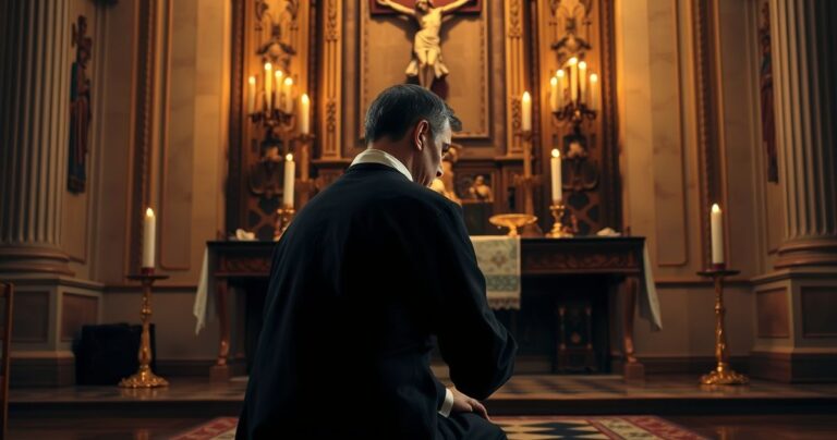 Kardynał w sutannie modlący się przed ołtarzem z krucyfiksem, symbolizujący wierne nauczanie katolickie i powagę duchowego rozeznania