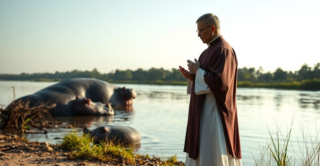 Kardynał w tradycyjnym stroju katolickim modli się na brzegu rzeki, reflektując nad tragiczną katastrofą związaną z atakiem hipopotama, ukazując powagę i duchowość wydarzenia