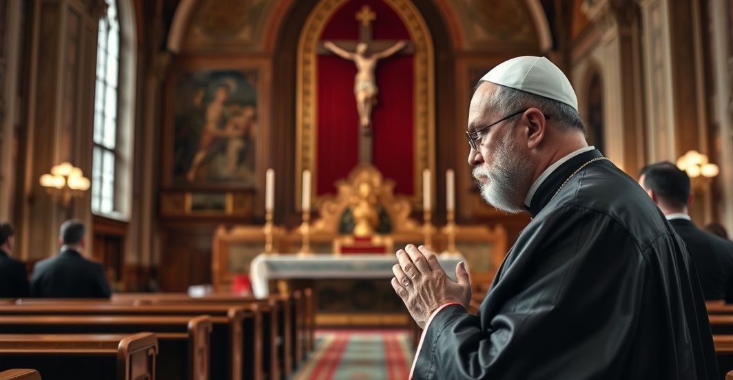 Kardynał w tradycyjnej szacie liturgicznej modli się w kościele, symbolizując prawdziwą wierność katolicką i krytykę fałszywej dyplomacji kościelnej