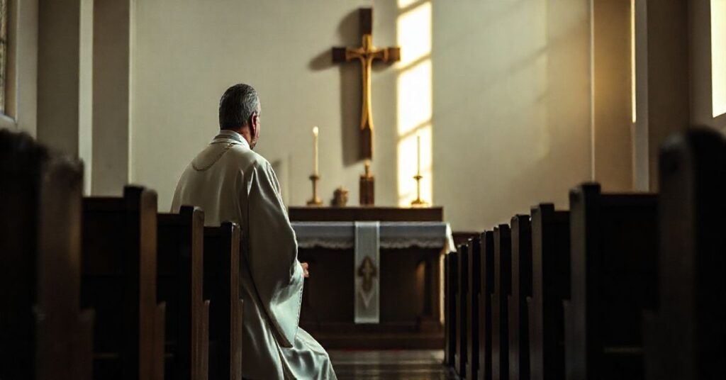 Kardynał w tradycyjnym stroju liturgicznym modli się w cichym kościele, symbolizując sprzeciw wobec modernistycznej reinterpretacji świętości