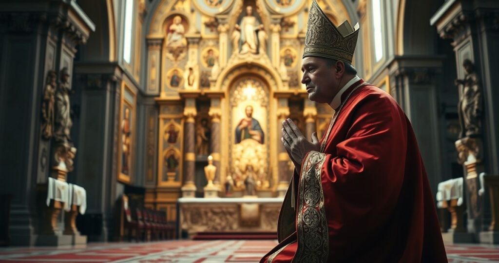 Kardynał w sutannie modli się w kaplicy, symbolizując duchowe zagubienie i krytykę współczesnych błędów hierarchii kościelnej