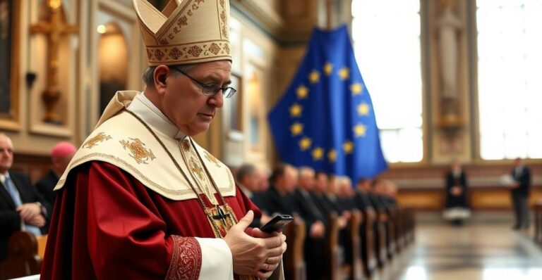 Kardynał w tradycyjnym stroju modli się w kościele, z tle symboli Europy, ukazując troskę o odnowę katolickiej wiary wobec modernistycznych tendencji