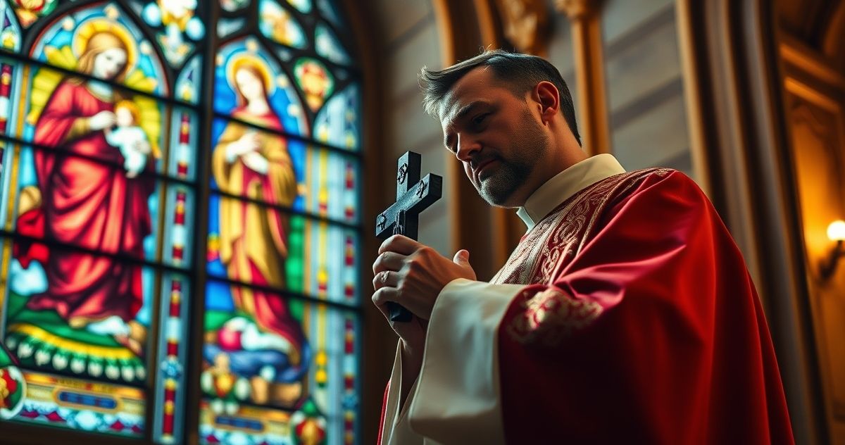 Kardynał w sutannie modli się przed dużym witrażem z obrazem Matki Bożej, symbolizując duchową refleksję i moralną prawdę w katolickim stylu.