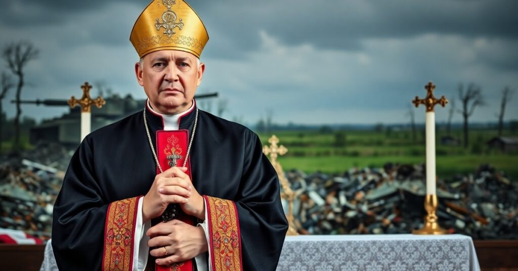 Kardynał w tradycyjnym habitach modli się przed ołtarzem z oknem na zniszczoną Ukrainę, symbolizując potrzebę duchowego rozwiązania konfliktu.