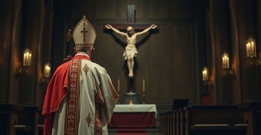 Kardynał w modlitwie wobec zagrożenia wojennego w Polsce Kardynał w tradycyjnym stroju katolickim w kościele z krucyfiksem, wyraz troski i krytyki wobec ataków dronów Rosji na Polskę