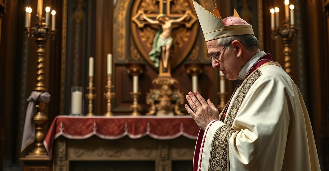 Kardynał w sutannie modlący się przed ołtarzem, symbolizujący krytykę biurokracji i brak prawdziwego nawrócenia w Kościele katolickim