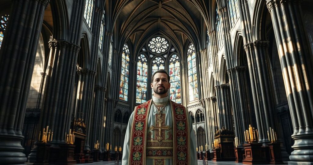Kardynał w tradycyjnych szatach liturgicznych w starej katedrze, refleksja nad duchową hierarchią i brakiem prawdziwego pokoju według nauki Kościoła
