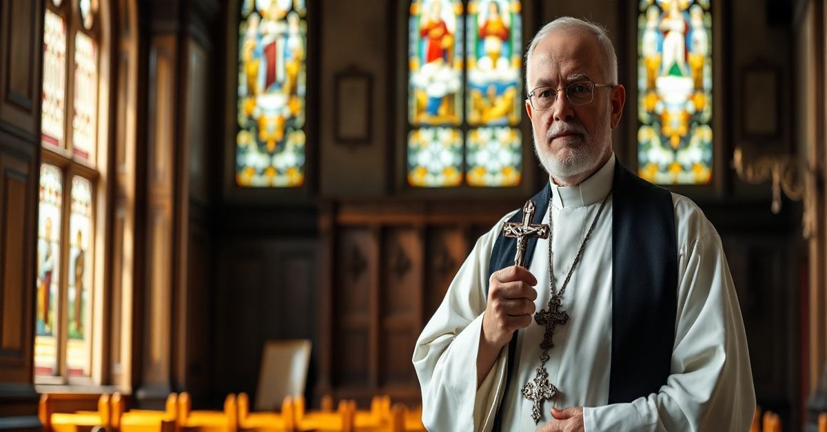 Kardynał w tradycyjnym stroju katolickim w świątyni, wyrażający troskę o prawa rodziców i moralność w obliczu edukacji promującej ideologię gender