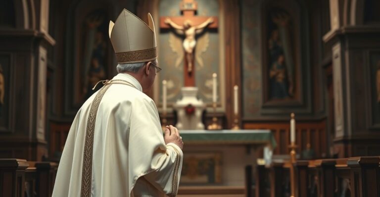 Kardynał w liturgicznych szatach modli się w tradycyjnym kościele, symbolizując wierność katolickiej wierze wobec modernistycznych wpływów