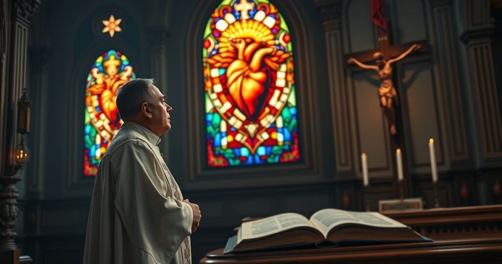 Kardynał w tradycyjnych szatach w kościele, modlitewnie, z krzyżem i Biblią, wyraz głębokiej wiary i krytyki nauki materialistycznej, refleksja nad Bożym stworzeniem