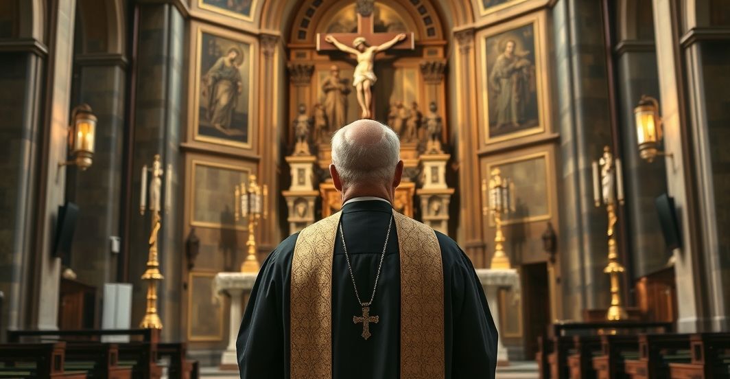Kardynał w tradycyjnym stroju katolickim w sanktuarium, symbolizujący wierność wierze wobec nowoczesnego sekularyzmu i ataku na Królestwo Chrystusa