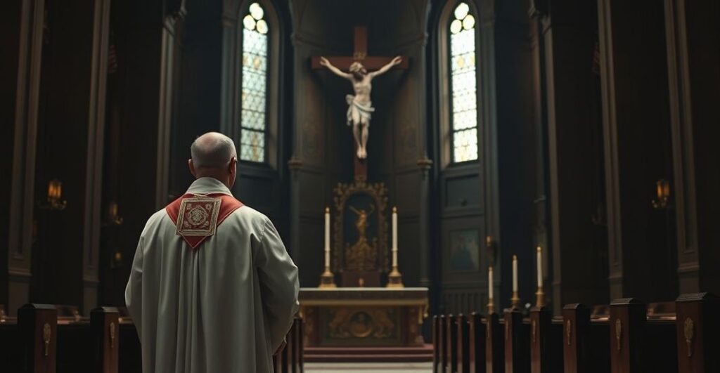 Kardynał w tradycyjnej szacie liturgicznej w modlitewnej postawie, refleksja nad kryzysem wiary i milczeniem Kościoła wobec wojny