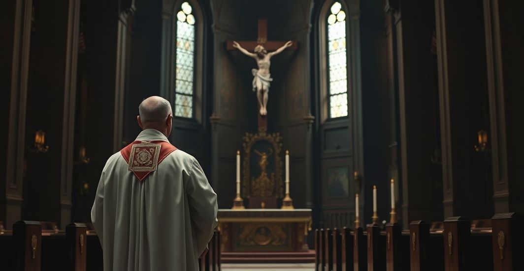 Kardynał w tradycyjnej szacie liturgicznej w modlitewnej postawie, refleksja nad kryzysem wiary i milczeniem Kościoła wobec wojny