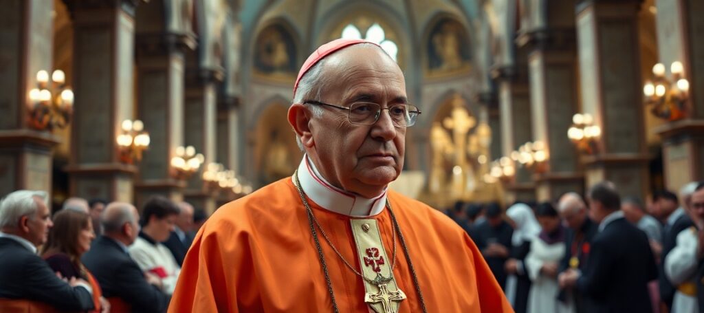 Obrázek przedstawiający kardynała Francesco Montenegra w katedrze z nowoczesnymi elementami architektonicznymi. Jego twarz wyraża duchową kryzys podczas patrzenia na grupę migrantów.