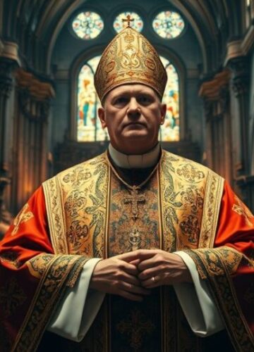 Kardynał w tradycyjnej liturgii katolickiej podczas mszy w starej świątyni Kardynał w tradycyjnych szatach katolickich podczas mszy w starej świątyni, wyraz powagi i wiary, refleksja nad autentyczną religią katolicką kontra modernistyczne deformacje