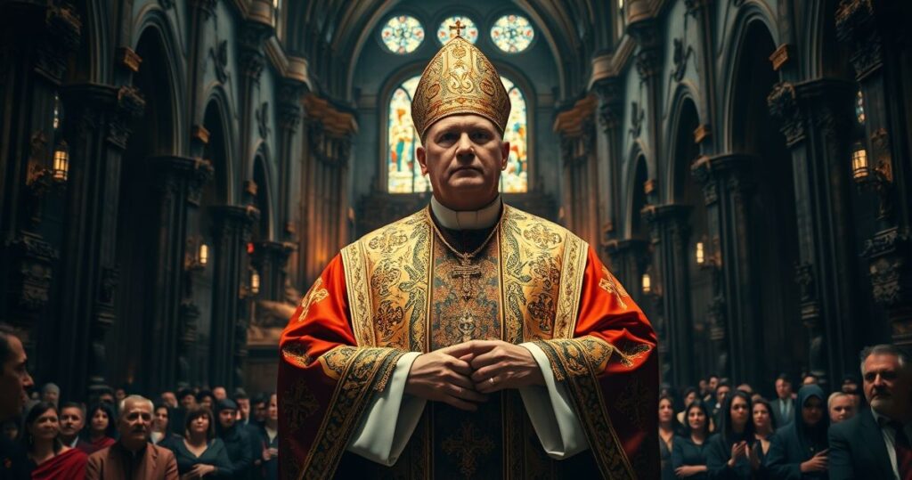 Kardynał w tradycyjnych szatach katolickich podczas mszy w starej świątyni, wyraz powagi i wiary, refleksja nad autentyczną religią katolicką kontra modernistyczne deformacje