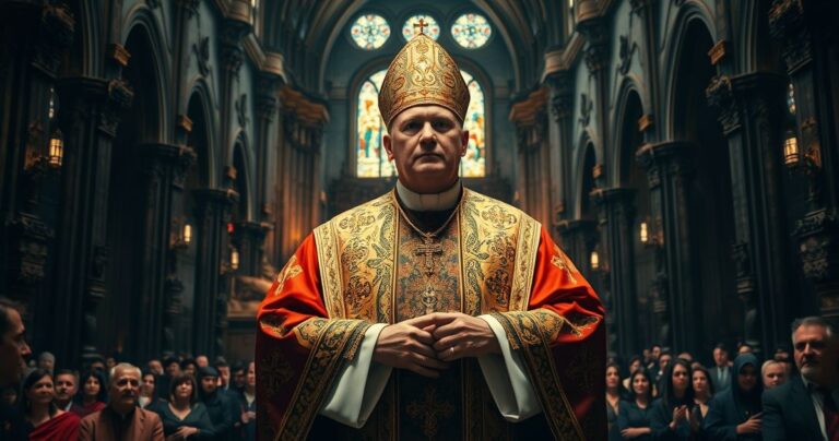 Kardynał w tradycyjnych szatach katolickich podczas mszy w starej świątyni, wyraz powagi i wiary, refleksja nad autentyczną religią katolicką kontra modernistyczne deformacje