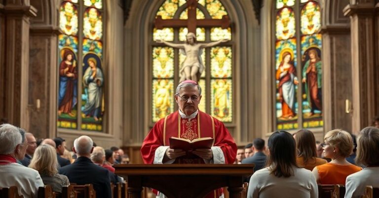 Biskup w tradycyjnym stroju liturgicznym na ołtarzu kościoła w trakcie kazania z tłem krzyża i modlących się wiernych.