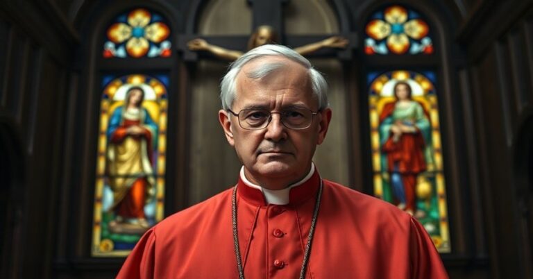 Słowny kardynał Gerhard Müller w stroju liturgicznym przed krzyżem w tradycyjnym katolickim kościele.