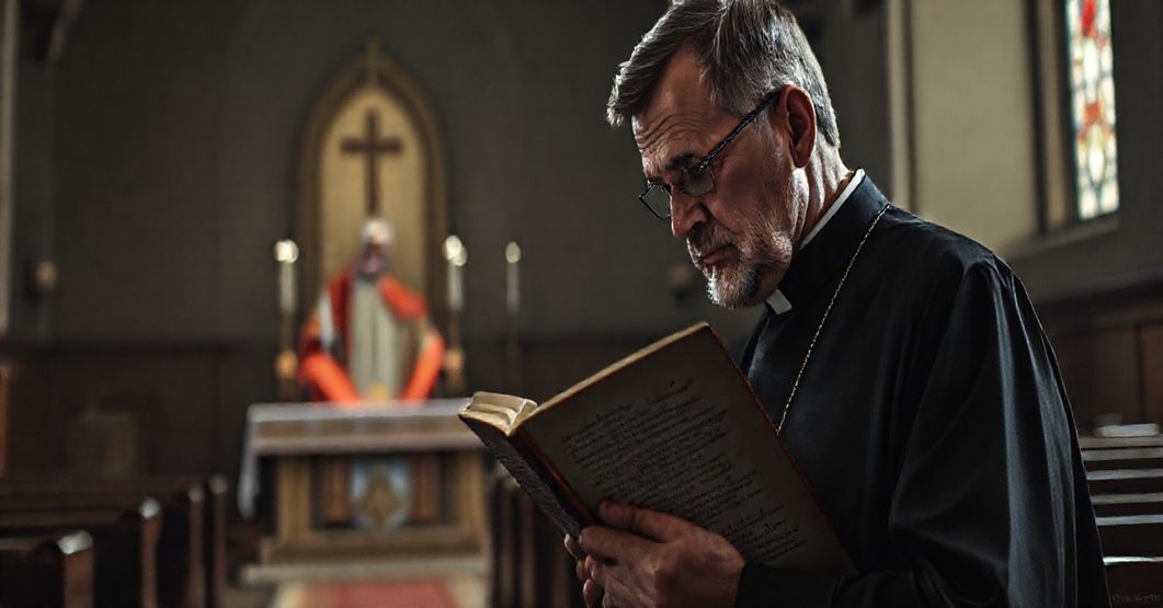 Portret tradycyjnego księdza w rozczarowanej postawie w kościele, obserwującego nowoczesnego "kardynała" w tle, symbolizujący kryzys wierzeń w Kościele katolickim.