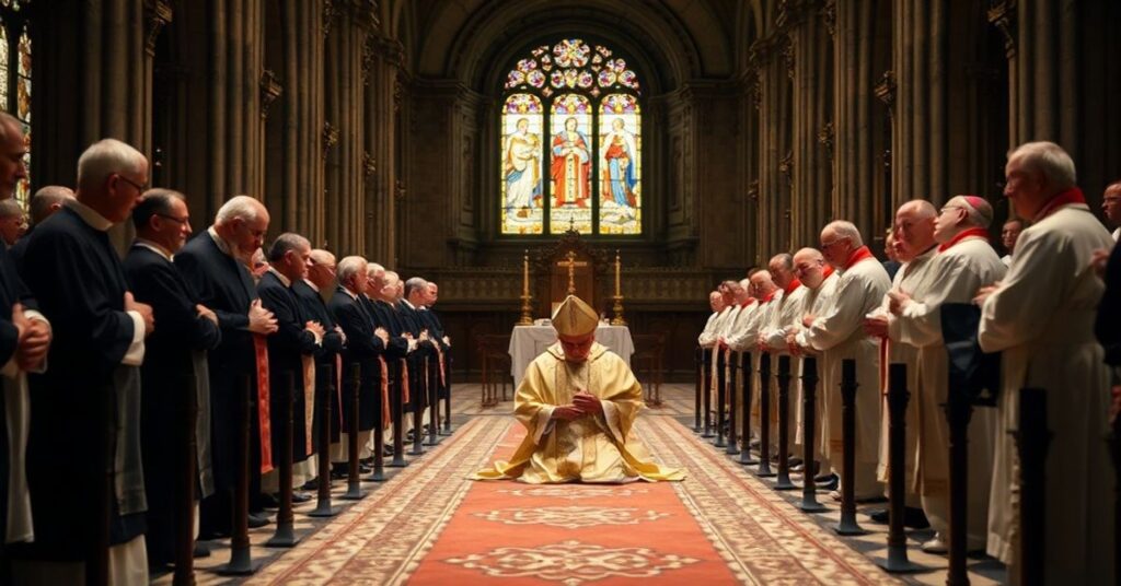 Kardynał Gerhard Müller modli się podczas Mszy Świętej w tradycyjnym Kościele katolickim, otoczony przez starszych kardynałów.