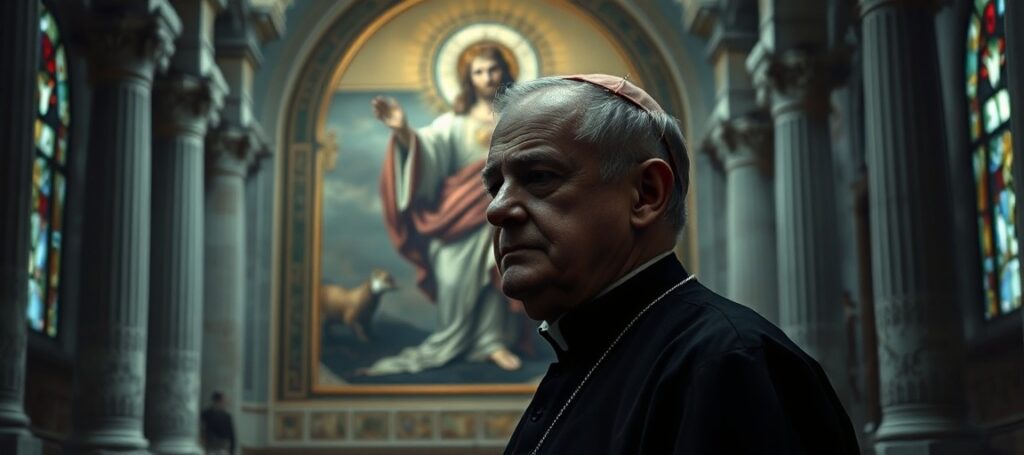 Portret 'kardynała' Gerharda Ludwiga Müllera w opuszczonej kaplicy z częściowo zasłoniętym freskiem Chrystusa Króla.