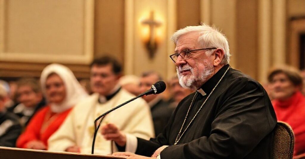 Portret "kardynała" Gerharda Müllera przeciwko tlu trydenckiej kaplicy, odzwierciedlający jego fałszywe wspieranie Mszy Trydenckiej.