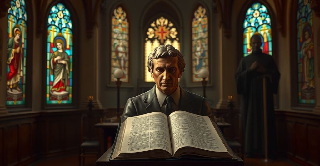 Wnętrze tradycyjnej kaplicy katolickiej z rzeźbą kardynała Johna Henry'ego Newmana, ukazanej z niepokojącym wyrazem twarzy. W tle otwarta Biblia na ambonie z podświetlonymi fragmentami potępiającymi modernizm. Witraże przedstawiają sceny apostazji i zamieszania doktrynalnego, a w cieniu widnieje postać w nowoczesnym ornatem symbolizująca błędy posoborowe. atmosphera ostrzegawcza i poważna.