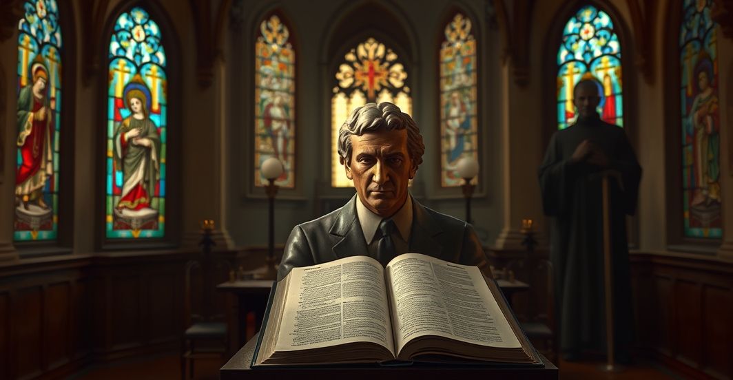 Wnętrze tradycyjnej kaplicy katolickiej z rzeźbą kardynała Johna Henry'ego Newmana, ukazanej z niepokojącym wyrazem twarzy. W tle otwarta Biblia na ambonie z podświetlonymi fragmentami potępiającymi modernizm. Witraże przedstawiają sceny apostazji i zamieszania doktrynalnego, a w cieniu widnieje postać w nowoczesnym ornatem symbolizująca błędy posoborowe. atmosphera ostrzegawcza i poważna.