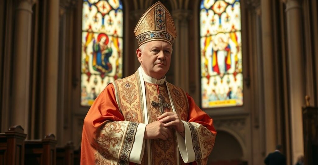 Kardynał w tradycyjnych szatach katolickich w katedrze, symbolizujący obronę wiary i tradycji przeciw modernistycznym błędom