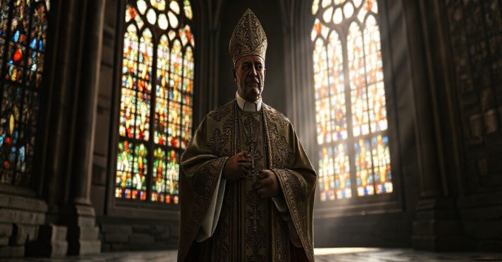 Kardynał w tradycyjnym stroju w katedrze, symbolizujący obronę katolickiej nauki przeciwko modernizmowi