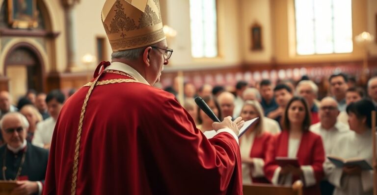 Kardynał w liturgicznym stroju, przemawiający w kościele, wyraz powagi i wiarygodności, symbolizujący obronę tradycji katolickiej przeciwko modernistycznym wpływom