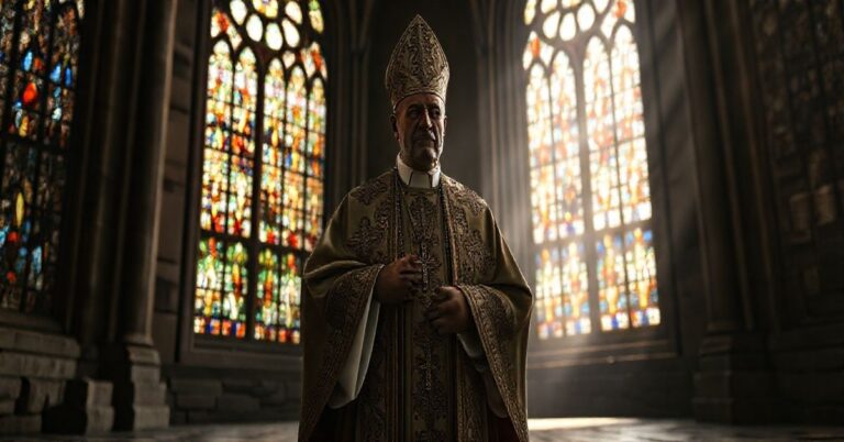 Kardynał w tradycyjnym stroju w katedrze, symbolizujący obronę katolickiej nauki przeciwko modernizmowi