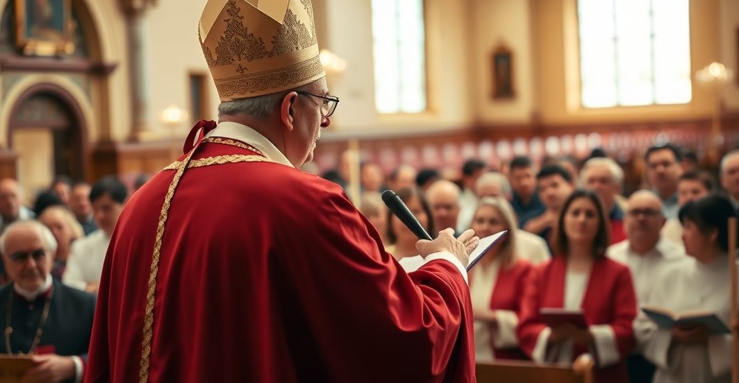 Kardynał w tradycyjnym stroju w katedrze, symbolizujący obronę katolickiej nauki przeciwko modernizmowi