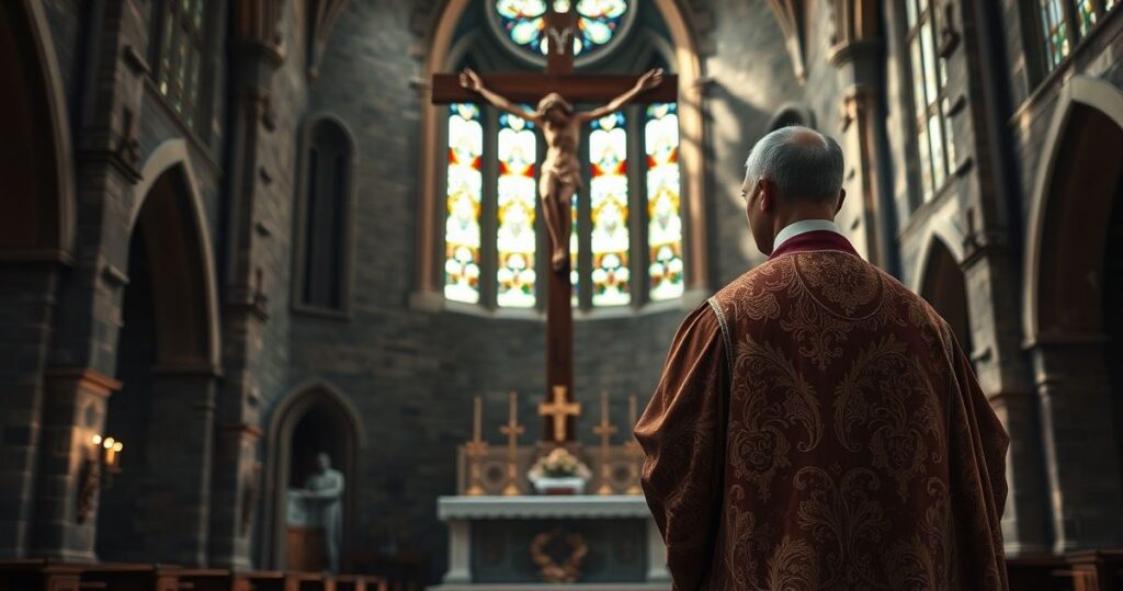 Kardynał w tradycyjnych szatach katolickich w kościele, symbolizujący wierność naukom Kościoła wobec obrony życia i dogmatów