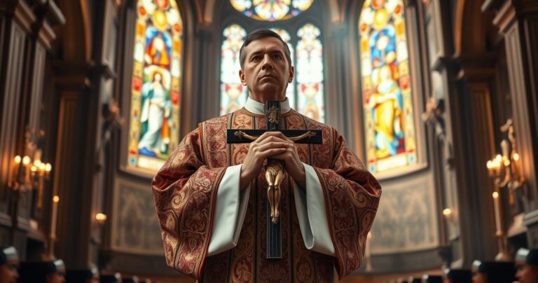 Kardynał w tradycyjnych szatach katolickich w kościele, symbolizujący wierność naukom Kościoła wobec obrony życia i dogmatów