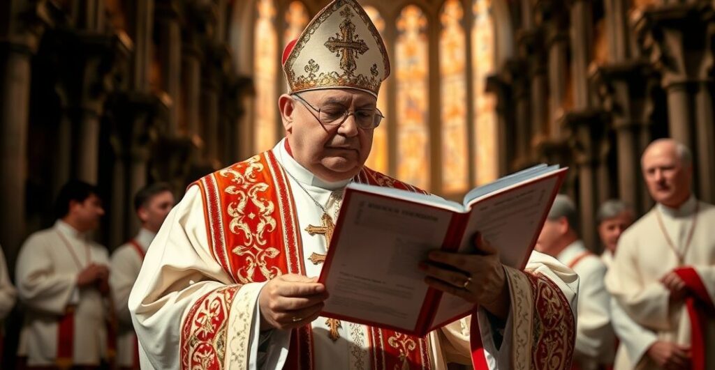 Kardynał w liturgicznym stroju w katedrze odczytujący oficjalny dokument, symbolizujący autentyczną Katolicką wiarę i sprzeciw wobec sekularnych ideologii