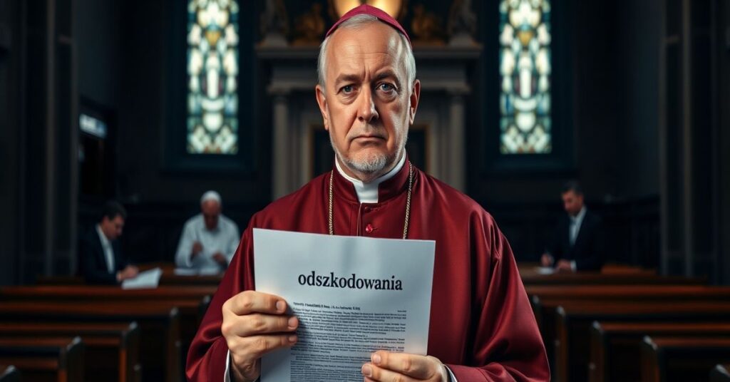 Kardynał w tradycyjnym ornacie stoi przed kościołem w ciemnym wnętrzu, trzyma dokument z "odszkodowania" napisane na nim.